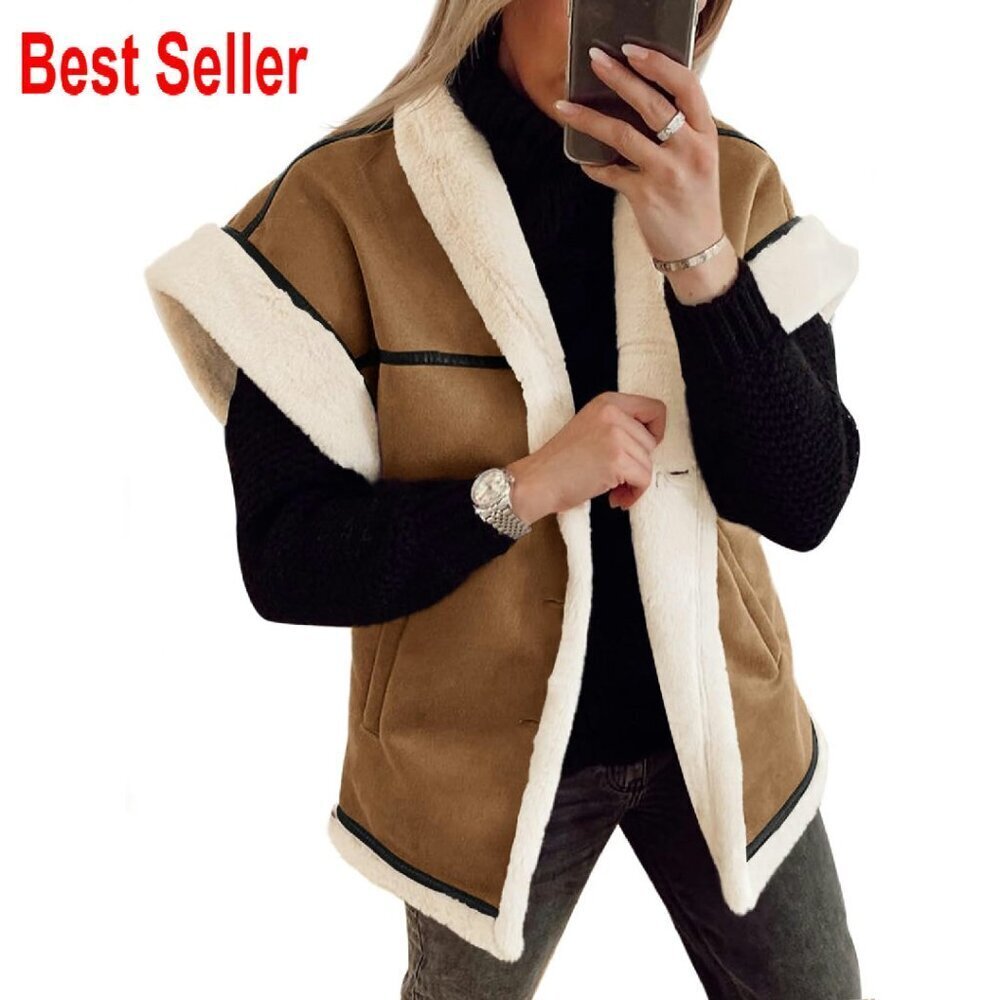 Oversized Suede Sherpa Vest Faux Fur Lined Chic Winter Outerwear Cap Sleeve
